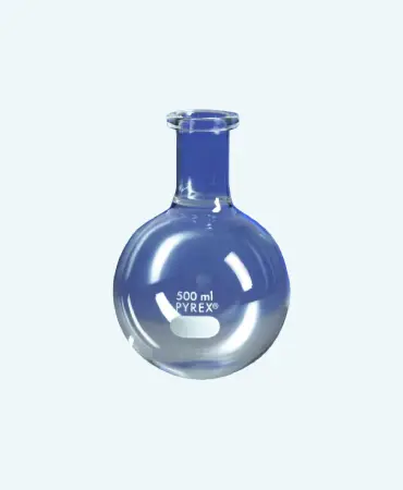 Pyrex™ GW-1007 Short Ring Neck Boiling Flasks (250mL - 22L), Reliable Borosilicate Glass, Round Bottom Design for Versatile Heating & Reflux in General Laboratories.
