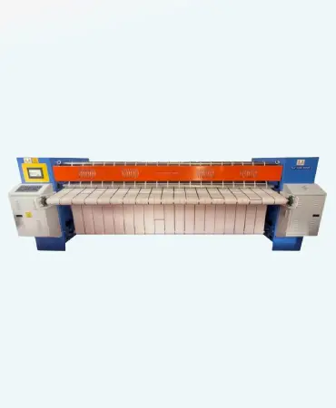 Flat-Work Ironer Machine (single/multi rollers). Perfect pressing for sheets, linens, napkins. Pneumatic chest adjustment, moisture removal, variable speed. Electric/steam/gas heat.