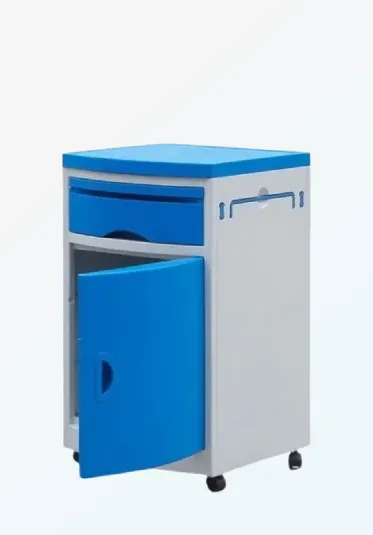 bedside locker, hospital room bedside locker with food tray, drawer and towel rack.